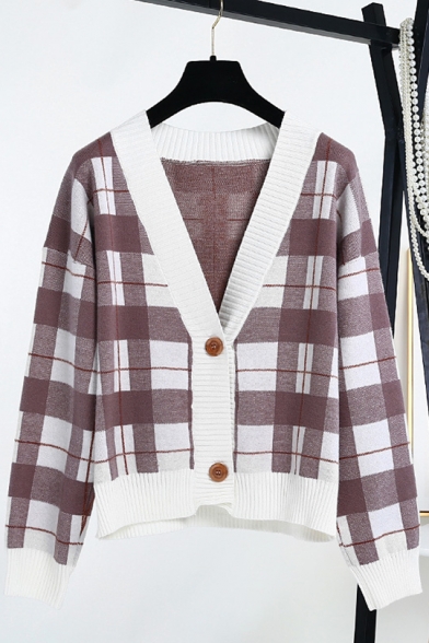 Ladies Plaid Print V-Neck Drop Sleeve Boxy Single Button Cardigan Coat