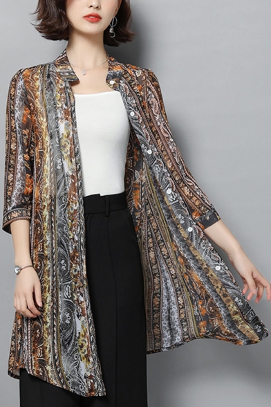 Loose Leopard Print Stand Up Collar 3/4 Length Sleeve Longline Sun Protection Skin Coat