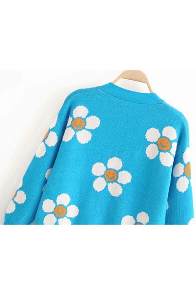 Lovely Blue Floral Print V Neck Fitted Long Sleeve Cardigan for Women