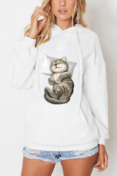 Lovely Cat Printed Long Sleeve Hoodie Sweatshirt With Pocket