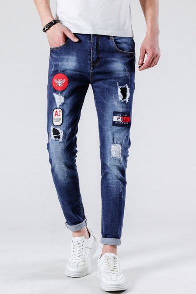 Men's Hot Fashion Badge Patched Slim Fit Trendy Frayed Ripped Jeans