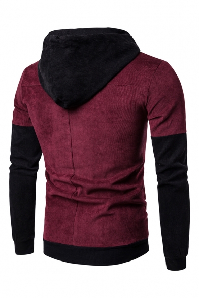 Men's New Fashion Colorblock Corduroy Patched Drawstring Hooded Long Sleeve Casual Warming Pullover Hoodie