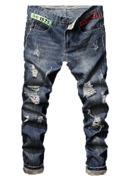 Men's New Fashion Contrast Letter Ribbon Embellished Blue Distressed Ripped Jeans
