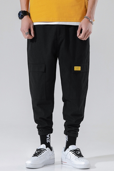 Men's New Stylish Solid Color Double Flap Pocket Front Sports Tapered Cargo Pants Track Pants
