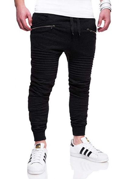 Men's Popular Fashion Pleated Patched Zip Embellished Drawstring Waist Slim Fitness Pencil Pants