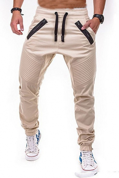 Men's Popular Fashion Pleated Patched Zippered Pocket Drawstring Waist Casual Slim Cotton Pencil Pants