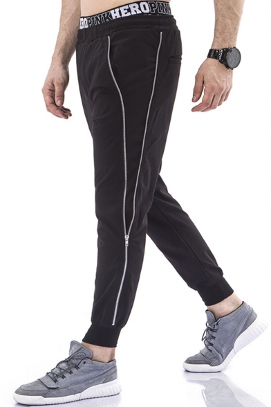 Men's Trendy Letter Printed Zipper Embellished Black Casual Sweatpants