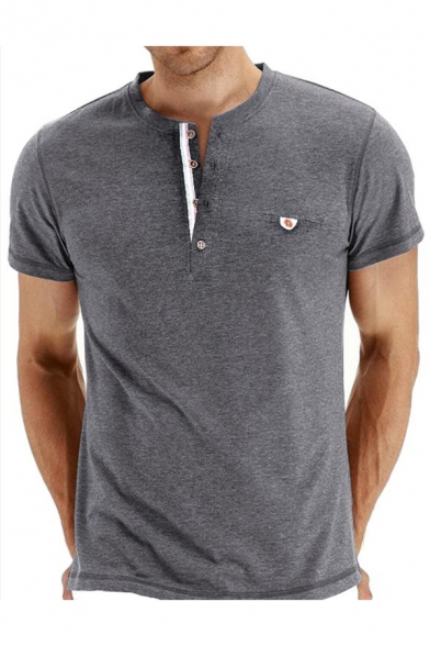 Mens Hot Style Simple Plain Short Sleeve Button V-Neck Henley Shirt
