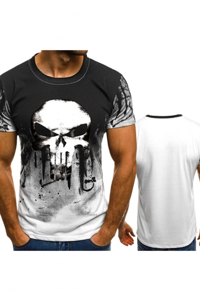 Mens Summer Cool Skull Printed Round Neck Short Sleeve Sport Fitted T-Shirt