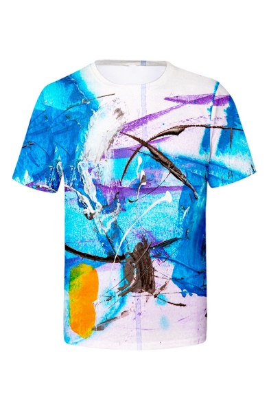Mens Summer Funny Painting Print Short Sleeve Round Neck Casual Blue T-Shirt