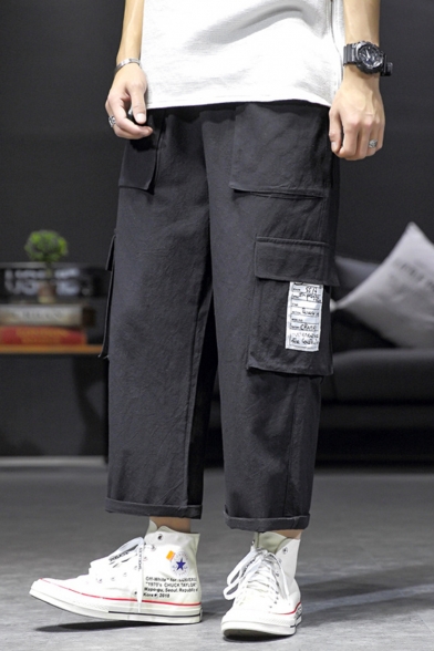 Mens Summer New Fashion Letter Patch Loose Fit Multi-pocket Straight Cargo Pants
