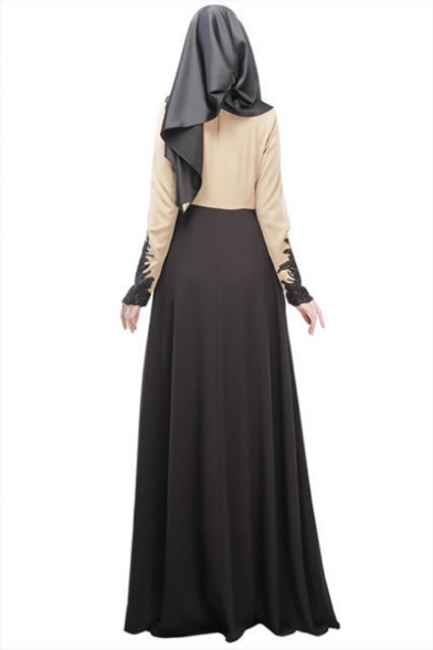 Moslem Round Neck Long Sleeve Lace Panelled Pleated A-Line Maxi Dress