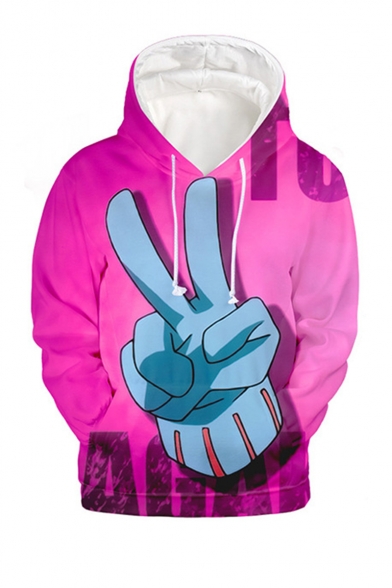 Comic Finger 3D Printed Long Sleeve Drawstring Hooded Loose Fit Unisex Pink Hoodie