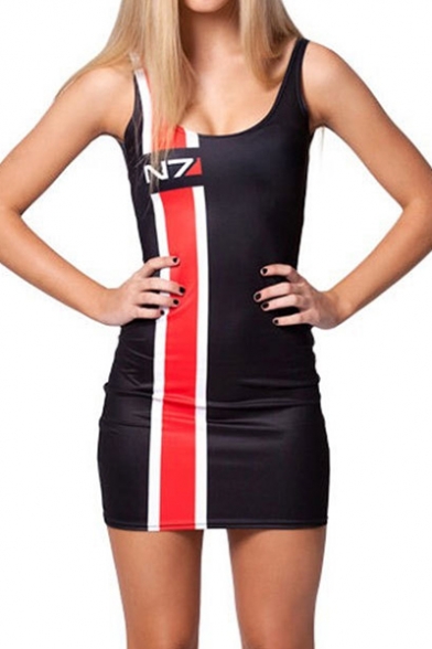 N7 Letter Printed Fashion Two-Tone Colorblock Scoop Neck Sleeveless Mini Black Bodycon Tank Dress