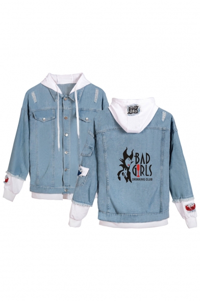 New Arrival Funny Letter BAD GIRLS Comic Printed Ripped Long Sleeve Button Down Hooded Denim Jacket Coat