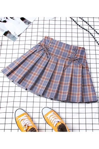 New Arrival Summer Sweet High Waist Lace Up Front Check Print Pleated A-Line Mini Skirt with Lining