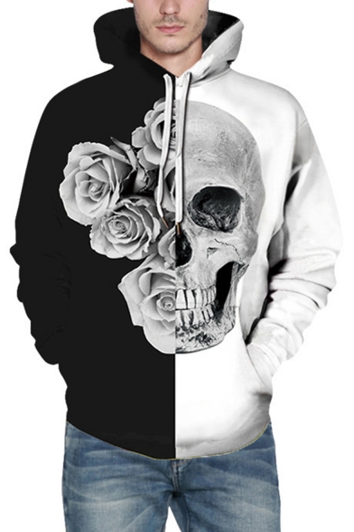 New Fashion Black and White Colorblocked Cool Floral Skull 3D Printed Casual Loose Drawstring Hoodie