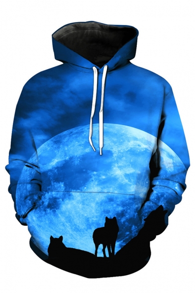 New Fashion Blue Moonlight Wolf 3D Printed Long Sleeve Casual Loose Pullover Hoodie
