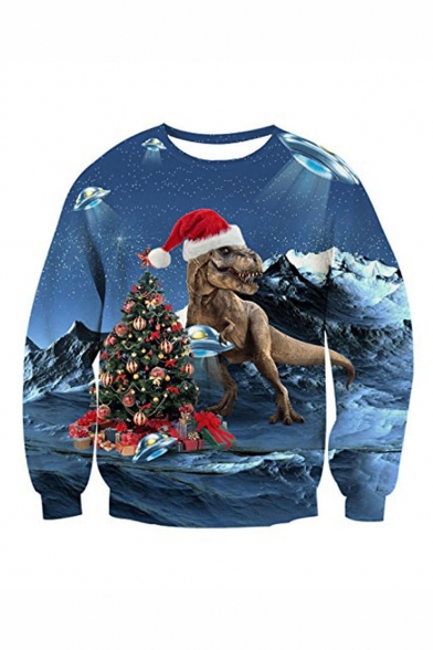 New Fashion Christmas Tree Dog 3D Printed Blue Long Sleeve Round Neck Pullover Sweatshirts