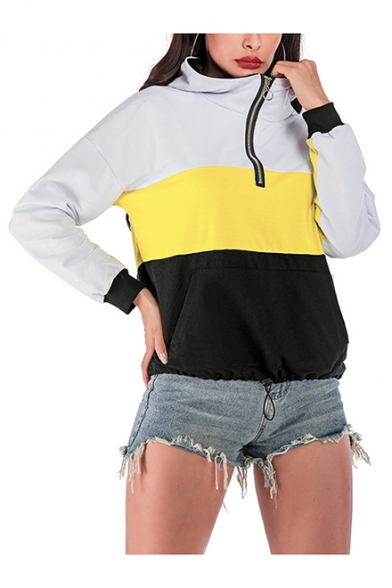 

New Fashion Color Block Half-Zip Long Sleeve Pocket Front Casual Hoodie, LM554441