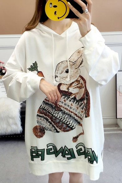 New Popular Letter Cute Rabbit Pattern Long Sleeves High Low Hem Slit Side Pullover Hoodie