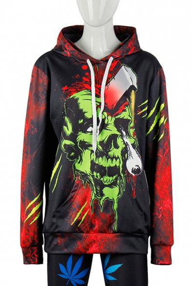 New Stylish Ax Skull 3D Printed Long Sleeve Loose Fit Unisex Red Pullover Hoodie