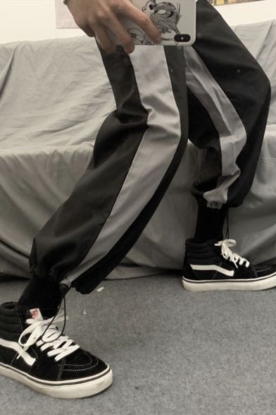 New Stylish Colorblock Patched Drawstring Gathered Cuffs Black Trendy Loose Track Pants for Guys