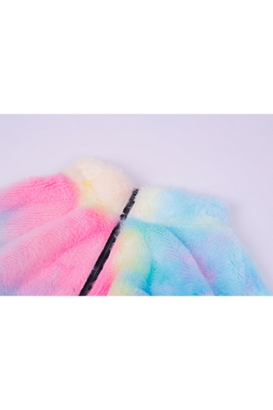 New Stylish Half-Zip Stand Up Collar Colorful Long Sleeve Fluffy Teddy Cropped Sweatshirt