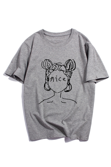 New Stylish NICE Letter Comic Girl Printed Round Neck Short Sleeve Cotton Tee