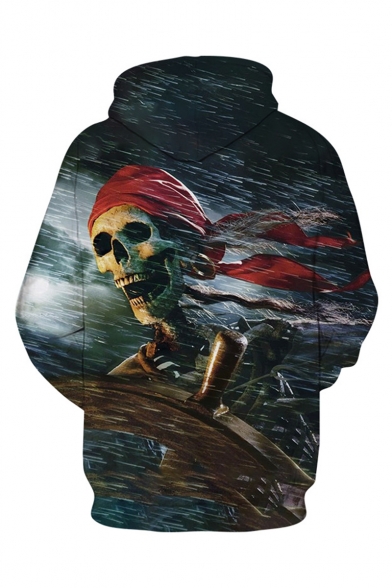 Popular Pirate Skull 3D Printed Dark Grey Drawstring Hooded Long Sleeve Casual Loose Hoodie with Pocket