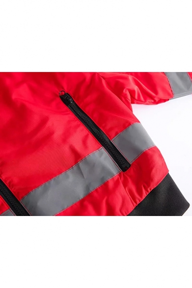 Reflect Light Stripe Zippered Pocket Lapel Collar Color-Block Cropped Zipper Jacket Coat
