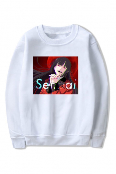 SENPAI Letter Comic Figure Printed Round Neck Long Sleeve Loose Fit Unisex Pullover Hoodie