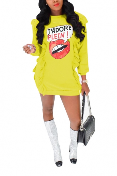 Sexy Red Lip Letter J'ADORE PLEIN Print Long Sleeve Relaxed Longline Hoodie