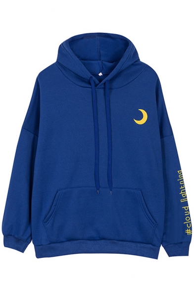 Simple Letter Moon Embroidered Long Sleeves Pullover Drawstring Hoodie
