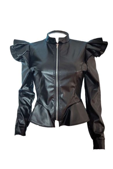 Solid Color Zipper Asymmetric Peplum Shoulder Slim Leather Cropped Jacket