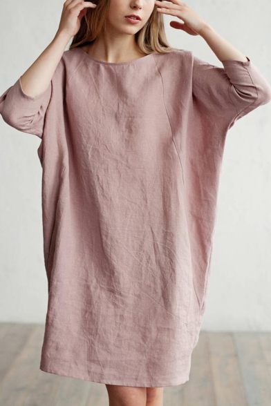Stylish Solid Color Pink Three-Quarter Sleeve Loose Leisure Midi Linen Dress