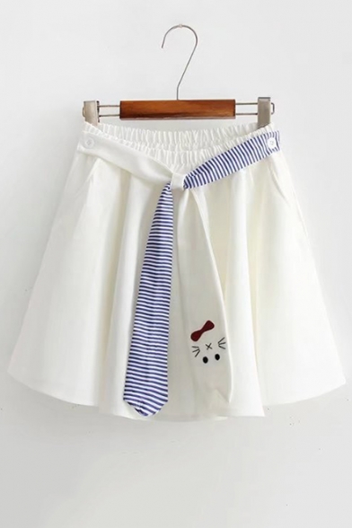 Stylish Womens Elastic Waist Belt Embellished Cat Embroidered Mini A-Line Skirt