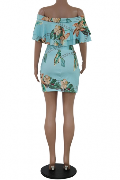 Summer Fancy Blue Leaf Printed Tied Off Shoulder Crop Top with Mini Bodycon Skirt Two-Piece Co-ords