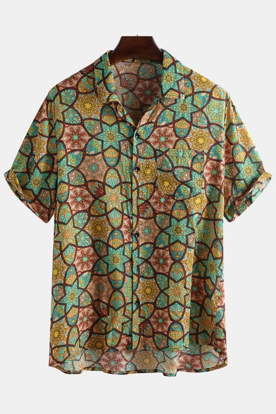 Summer Fashion Hawaliian Tropical Print Casual Lapel Short Sleeve Beach Cotton Shirt