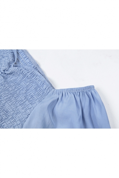 Summer Hot Popular Plain Blouson Long Sleeve Off The Shoulder Pleated Detail Cropped Blue Blouse