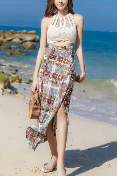 Summer High Waist Chain Printed Beach Midi Chiffon Wrap Skirt