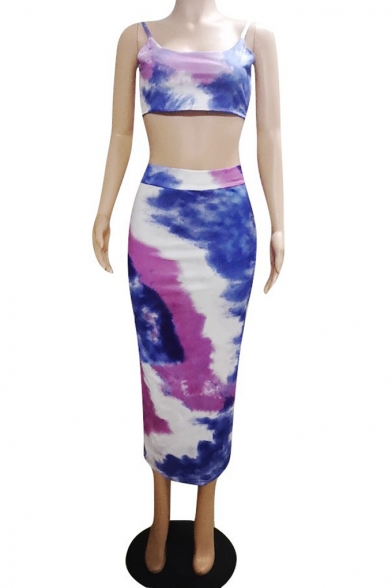 Summer Hot Stylish Straps Tee with High Waist Midi Skirt Tie Dye Colorblock Skinny Co-ords
