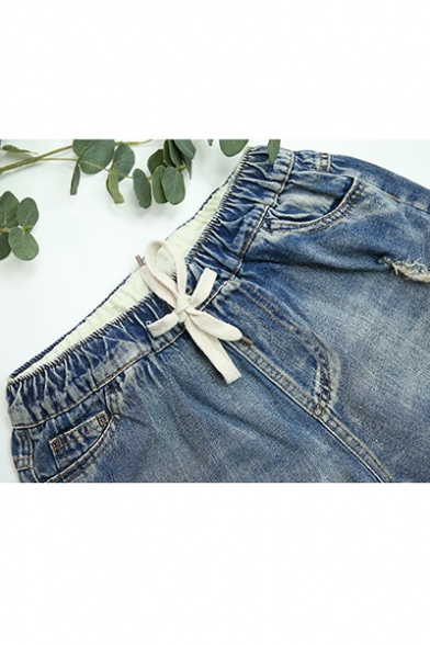 Summer Hot Trendy Blue Drawstring Cord Ripped Rolled Cuff Cat Printed Straight Denim Shorts