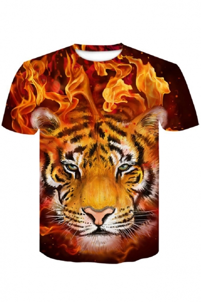Summer Hot Trendy Personalized Mens Short Sleeve Round Neck Fire Tiger Printed T-Shirt