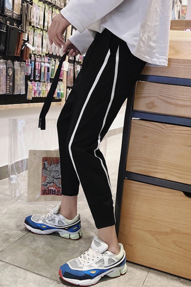 Summer New Fashion Contrast Stripe Side Drawstring Waist Mens Casual Sports Cropped Tapered Pants