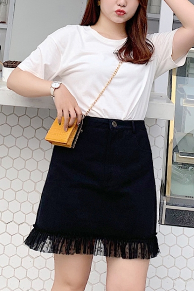 Summer Trendy Plus Size Black High Waist Mesh Lace Patch Mini Denim Skirt