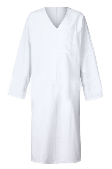 Summer Vintage Plain Long Sleeve V Neck Cotton Linen Casual Loose Longline Robe Shirt