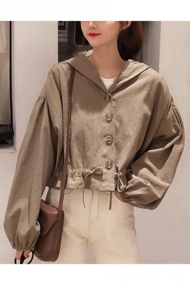 Sweet Style Solid Color Drawstring at Hood Elastic Cuffs Long Sleeve Cropped Coat Jacket