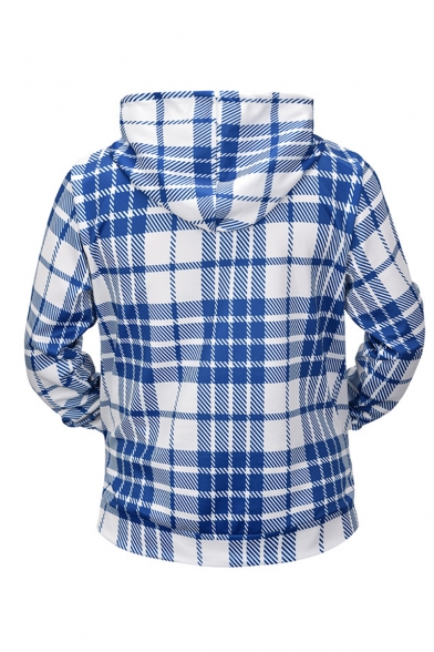 Trendy Blue and White Plaid Pattern Long Sleeve Casual Loose Fit Drawstring Hoodie
