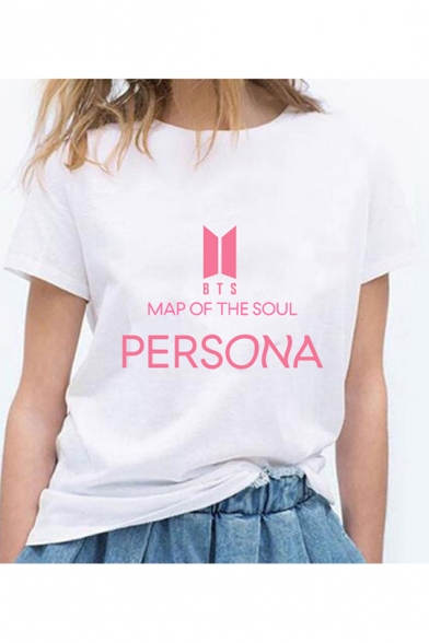 Trendy Kpop PERSONA Letter Printed Round Neck Short Sleeve White Tee